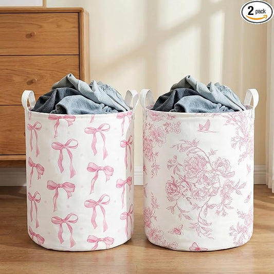 2Pcs Pink Bow Cute Girls Laundry Basket Floral Baby Nursery Hamper Adorable Room Decor Foldable Oxford Cloth Tote Clothes Storage Bucket Organizer For Bedroom Teen Girls Boy (Pink)