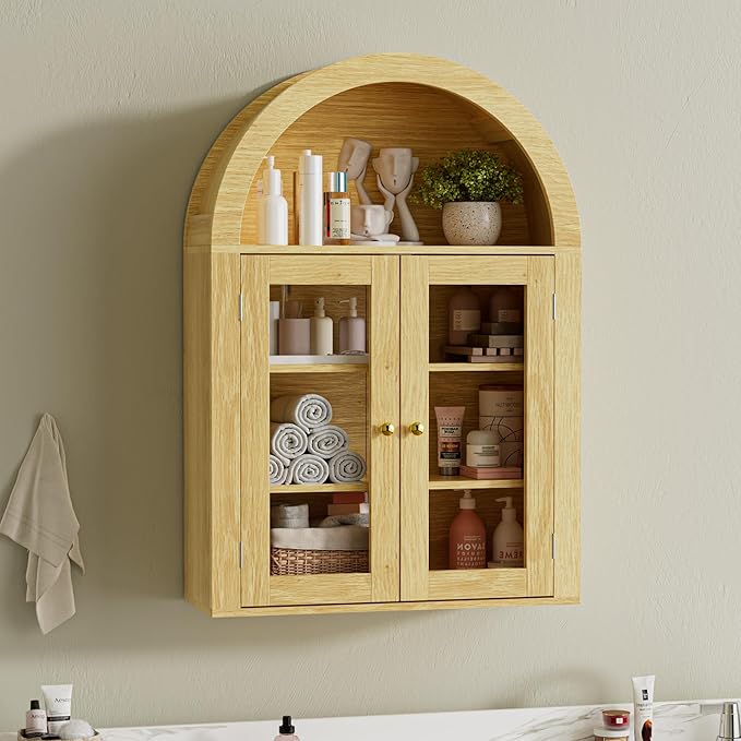 BREEZEHEAT Arched Medicine Cabinet with Glass Doors, Adjustable Shelf, Wall Mounted Bathroom Storage Cabinet Over Toilet, Natural Oak Wood Grain, 23.6''W × 31.5''H