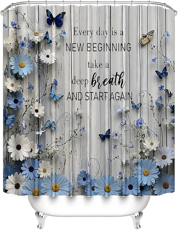AZHM Blue Daisy Flower Shower Curtain Set 4pcs Rustic Daisy Floral Bathroom Set with Butterfly Accents with Inspirational Quotes Shower Curtain and Rugs