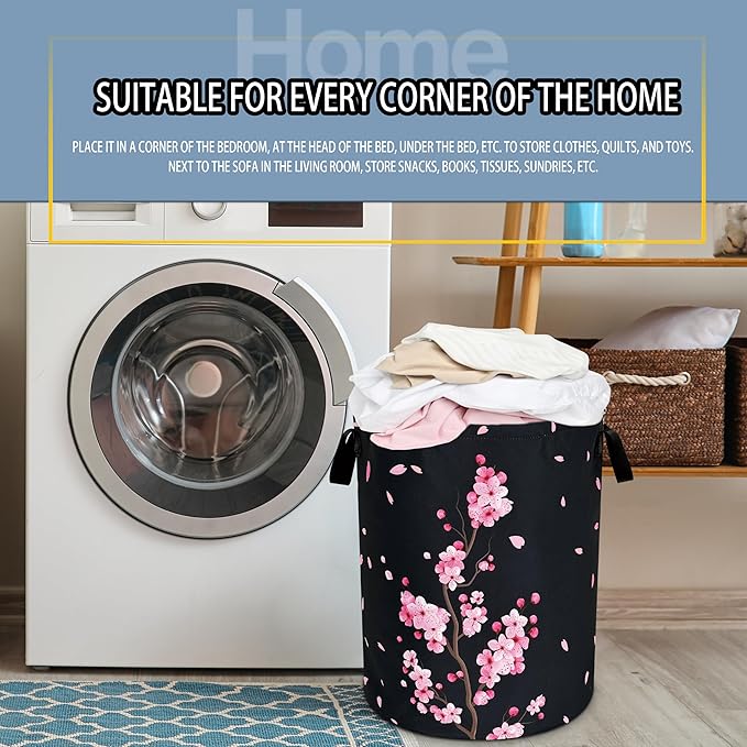 Pink Cherry Blossoms Laundry Basket Flowers Foldable Oxford Cloth Funny Tote Bag Laundry Hamper Clothes Storage Bucket Toy Organizer For Bathroom/Laundry Storage/Bedroom 18.9x16.5 Inch