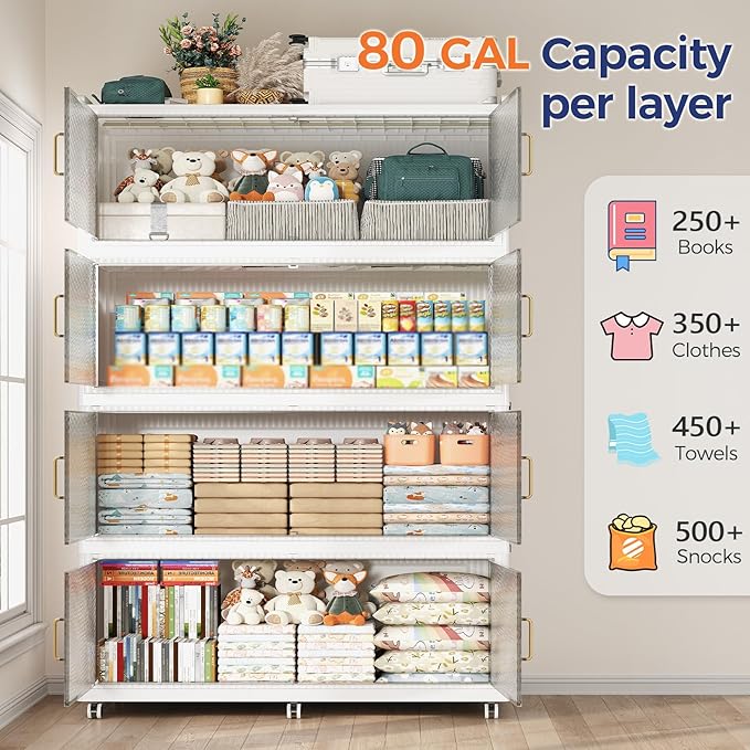 320Gal Extra Large Stackable Storage Bins with Lid, 1280Qt Collapsible Storage Box with Wheels, Closet Organizers and Storage Cabinet Container for Home, Kitchen, Office, Bedroom, 4Pack White
