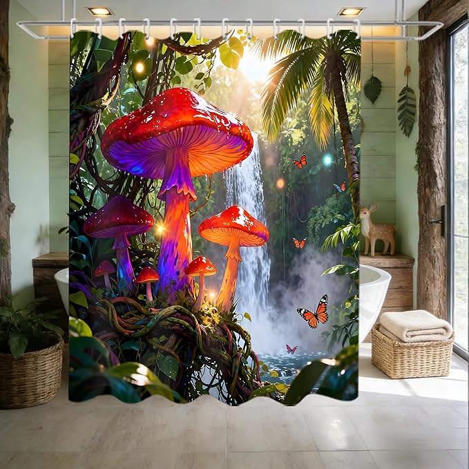 jieprom 4 Piece Tropical Waterfall Shower Curtain Set with Rugs, Vibrant Magical Mushroom & Butterfly Art, Jungle Nature Aesthetic Bathroom Decor, Waterproof Fabric, Non-Slip Mats & Toilet Lid Cover