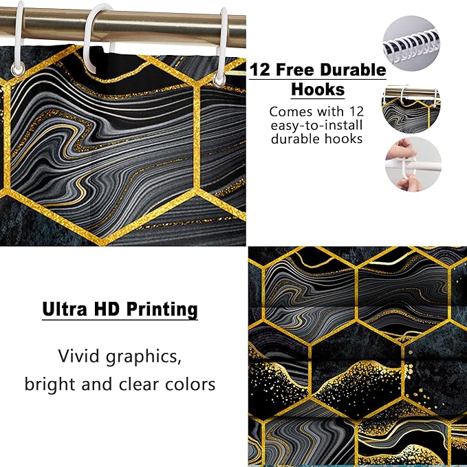 Poedist Shower Curtain Set with Rugs,Bathroom Accessory Set, Including Non-Slip Rugs,Toilet Lid Cover and Bath Mat, Waterproof Shower Curtain with 12 Hooks,Black