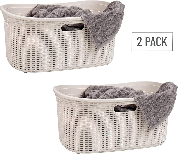 Mind Reader 40L Laundry Basket, Clothes Hamper, Premium Wicker Design, Plastic, Set of 2, Ivory