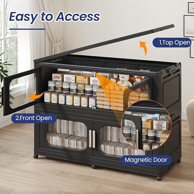150Gal Extra Large Stackable Storage Bins with Lid & Wheels & Doors, 200QT/50GAL 3-Tiers Collapsible Closet Organizers Plastic Containers Drawers Boxes for Home Kitchen Bedroom, Black