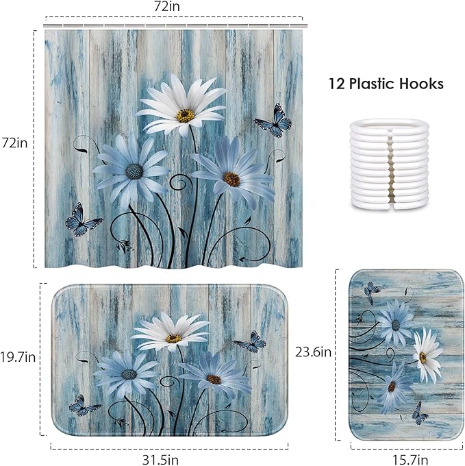 ArtSocket Blue Daisy Bathroom Set with Shower Curtain and Bath Rugs and Accessories,Wooden Boards Non-Slip Shower Curtain Set,Bathroom Decor 3 Pcs