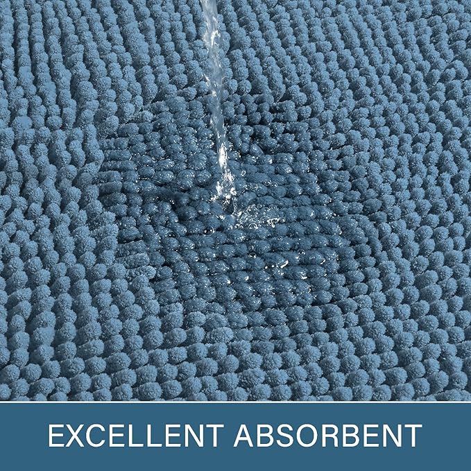 LOCHAS Luxury Bathroom Rug Shaggy Bath Mat 24 x 17 Inch, Washable Non Slip Bath Rugs for Bathroom Shower, Soft Plush Chenille Absorbent Carpets Mats, Denim Blue