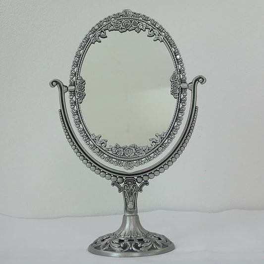 SEHAMANO Vintage Oval Double Sided Embossed Roses Frame Makeup Table Mirror for Bathroom Bedroom Dressing, Antique Decorative Vanity Cosmetic Metal Stand Mirror (Large, Tin (Matt Silver))
