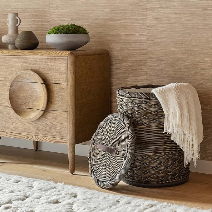 The Basket Lady Round Wicker Laundry Hamper, Large, 19 in Dia x 25 in H, Antique Walnut Brown