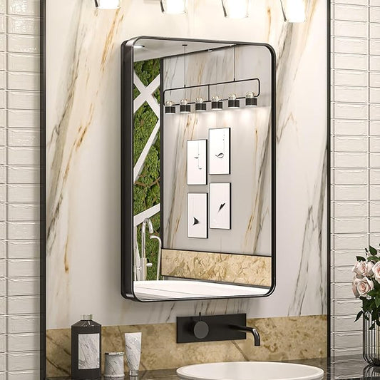 Keonjinn 20 x 32 Inch Black Mirrored Medicine Cabinet, Recessed Medicine Cabinets for Bathroom, Black Stainless Steel Framed, Stepless Adjustable Shelves, in Wall or Surface Mount, Sturdy & Heavy