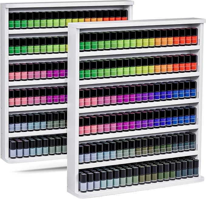 Kikihouse Wood Nail Polish Rack 2 Packs, Wall Mount Nail Polish Organizer, 6 Layers Nail Salon Storage Display Shelves Perfume Essential Oil Bottles Holder w/Acrylic Baffle, White