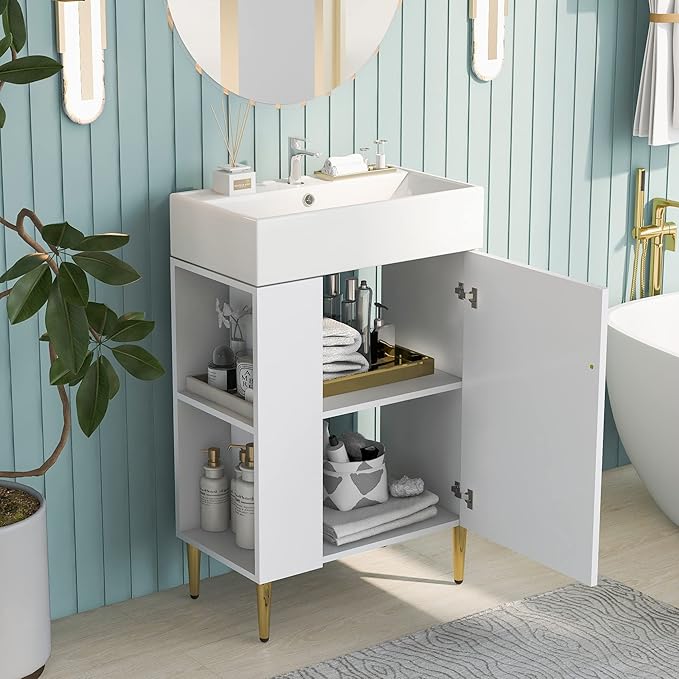 Virubi 21.6 in Small Bathroom Vanity with Sink,Doors and Storage Shelves,Wood Modern Single Fluted Bathroom Sink Cabinet Freestanding (White,Left Shelf)
