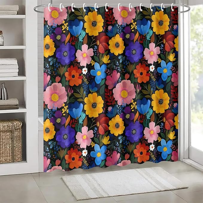 Colorful Floral Shower Curtain 72x72 Inch Bold Bright Flower Print Bathroom Curtain Fabric for Boho or Maximalist Bathroom Decor