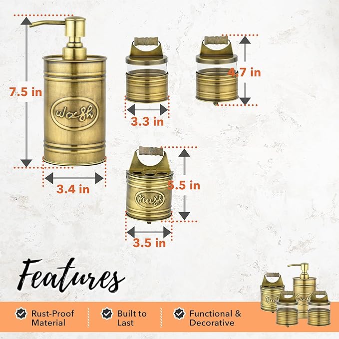 Autumn Alley Rustic Bathroom Accessories Set Vintage Brass Farmhouse Soap Dispenser, Antique Brass Toothbrush Holder, 2 Apothecary Jars Qtip Holder Glass - Rustic Bathroom Decor, Bathroom Accessories