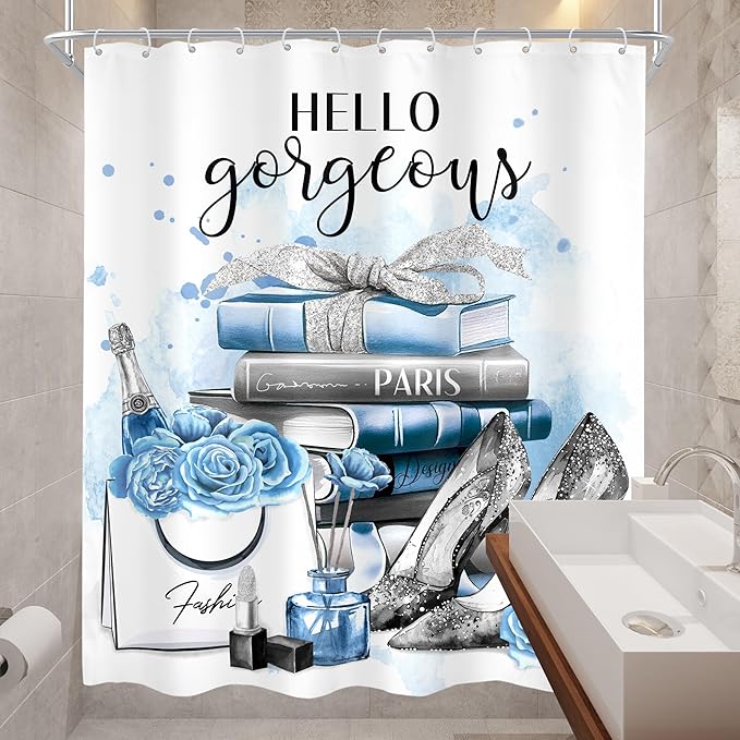 Cinbloo Girly Blue Shower Curtain 60Wx72H Silver Fashion Shower Curtain Women Girls Gray Teal Flower Perfume Bathroom Curtain Set High Heels Magazine Books Floral Bathroom Decor Fabric with 12 Hooks