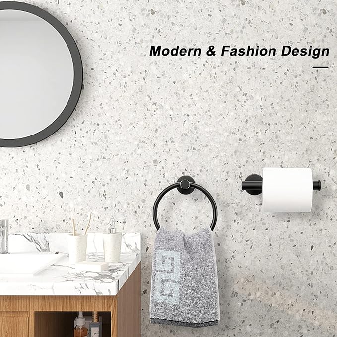 NearMoon 2 Pieces Bathroom Hardware Accessories, Towel Ring and Toilet Paper Holder- Stainless Steel Bath Towel Hanger and Hand Towel Holder, Wall Mounted (Matte Black)