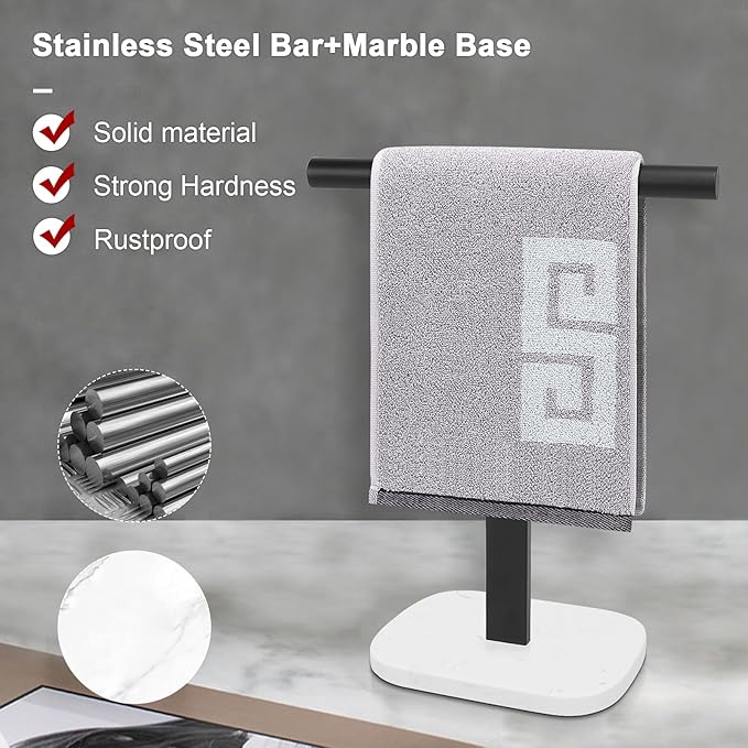 NearMoon T-Shape Hand Towel Holder-Bath Towel Rack-Standing with Balanced Base Towel Bar for Bathroom Kitchen Vanity Countertop, Modern Stand Towel Ring with Marble Base (14 Inch, Black)