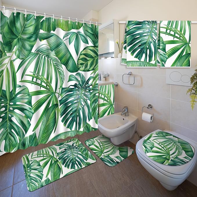 Nuanchu 6 Pcs Tropical Leaves Shower Curtain Set with Rug Green Palm Botanical Banana Monstera Leaf Bathroom Sets with Shower Curtain Bath Mat U Shaped Mat Toilet Lid Cover 2 Bath Towels and 12 Hooks