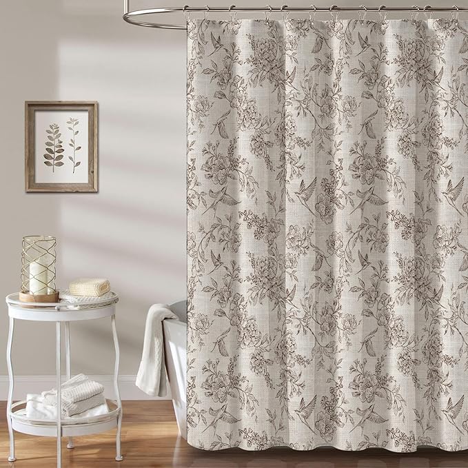 MUGINYU Vintage Farmhouse Linen Shower Curtain,Botanical Floral Toile Shower Curtain,Colorful Leaves Bath Curtains Shower,Boho Flower Plant Neutral Bathroom Decor,72" W x 72" L (Vintage Bird Beige)