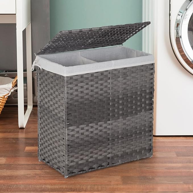 Paylesshere Laundry Basket Handwoven Laundry Hamper 90L/110L Foldable Rattan Laundry Hamper With Lid,2 Removable Liner Bags & 6 Bags,Clothes Bathroom Basket,Grey