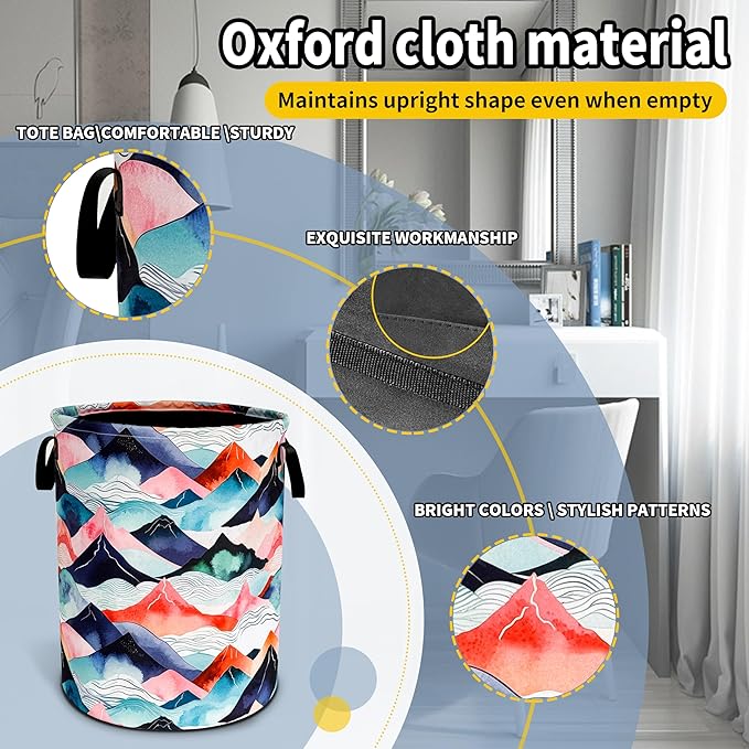 Mountains Waves Laundry Basket Colored Mountain Foldable Oxford Cloth Funny Tote Bag Laundry Hamper Clothes Storage Bucket Toy Organizer For Bathroom/Laundry Storage/Bedroom 18.9x16.5 In