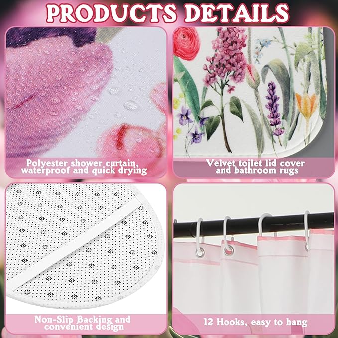 FuWeave 8 Pcs Easter Shower Curtain Sets for Bathroom Hello Spring Easter Shower Curtain Sets with Rugs and Towels, Include Non-Slip Rug, Toilet Lid Cover, Bath Mat and 12 Hooks