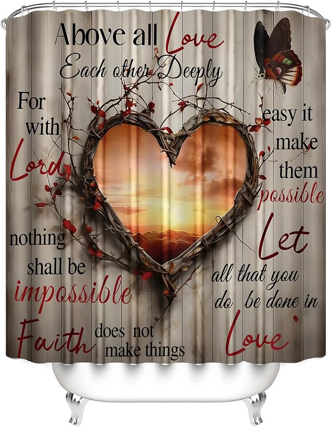 AZHM Sunset Love Heart Shower Curtain Set 4 PCS Inspirational Quote Bathroom Rug Set with Shower Curtain and 12 Hooks