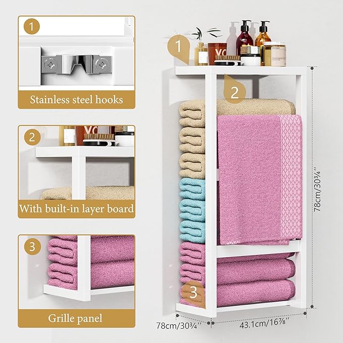 Bamboo Wall Blanket Ladder, 4-Tier Towel Racks, Bamboo Bath Towel Racks for Bathroom Wall Mounted, Decorative Blanket, Quilt, Towel, Scarf Ladder Shelves for Bathroom, Living Room, Bedroom，White