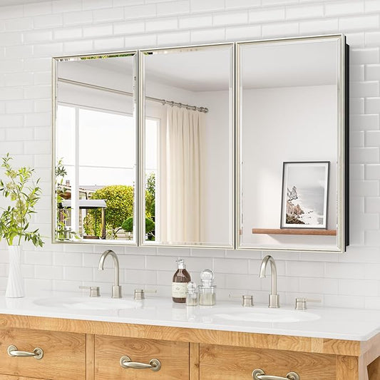 TETOTE 48" x 30" Brushed Nickel Medicine Cabinet Mirror with Storage Shelves Aluminum Alloy Frame with Beveled Edges Recessed or Wall-Mounted Rectangle Medicine Cabinet with Mirror