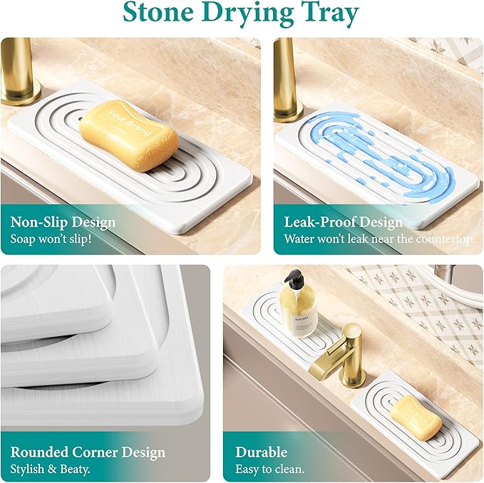 Water Absorbing Stone Tray, Quick Drying Diatomite Bathroom Tray Countertop, Stone Drying Mat for Kitchen Counter, Soap Dish Dispenser Vanity Organizer, White-A-8.3" x 4"