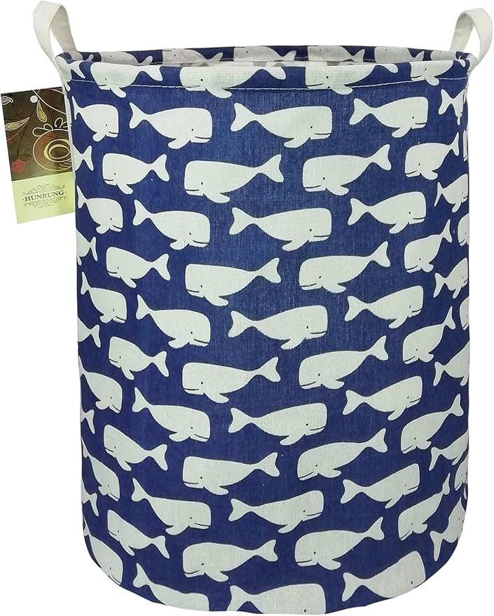 HUNRUNG Laundry Hamper,Large Canvas Fabric Lightweight Storage Basket Toy Organizer Dirty Clothes Collapsible Waterproof for College Dorms, Children Bedroom,Bathroom (Rould Blue Whale)