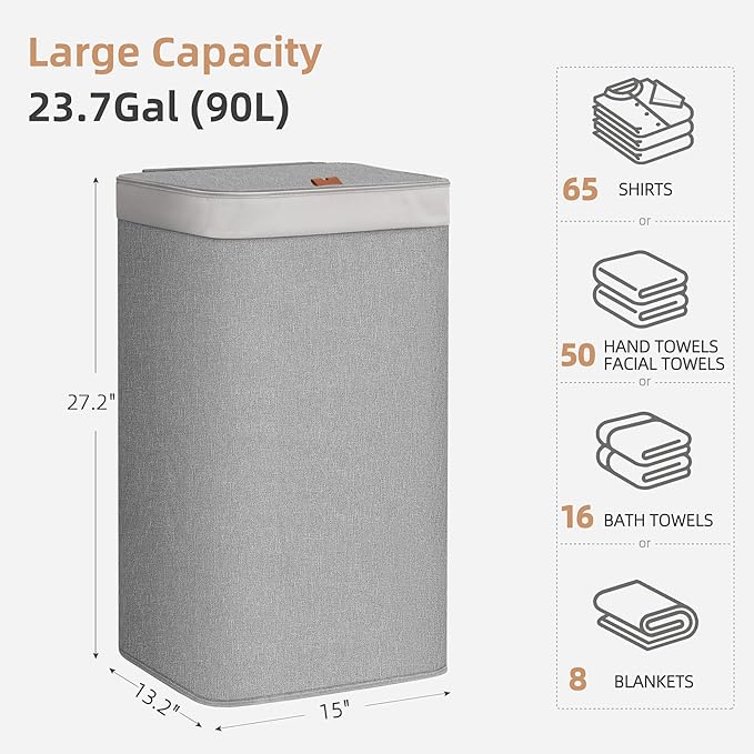 STORAGE MANIAC 2-in-1 Laundry Hamper with Laundry Backpack Bag, 90L Metal Frame Laundry Basket, Dirty Clothes Bag with Shoulder Straps and Mesh Pocket for College, Travel, Laundromat, Apartment, Gray