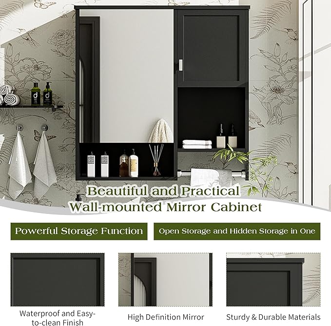 Merax Medicine Cabinet for Bathroom, Wall Mount Bathroom Cabinet with Mirror, Open Shelf, and Towel Bar, 29.5" W x 28.7" H Over The Toilet Mirrored Bath Wall Cabinet