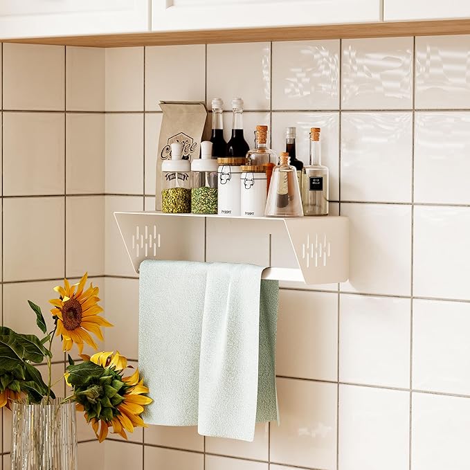 Qeke Bathroom Lavatory Towel Rack, Wall Mount Towel Holder Towel Hanger Shelf with Towel Bar, SUS 304 Stainless Steel Towel Rack for Bathroom and Lavatory, Matte White, 14 Inch