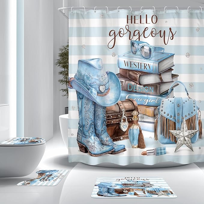 Cinbloo 4Pcs White Blue Brown Shower Curtain Set, Western Cowgirl Fashion Diamond Boots Striped Hats Bathroom Curtain with Rug, Toilet Lid Cover, Bath Mat, Women Girls Shower Curtain with 12 Hooks