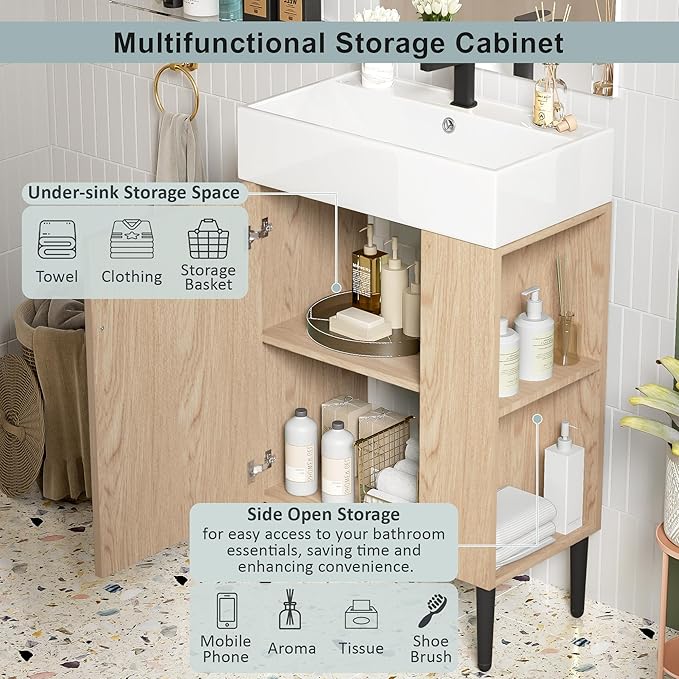 Virubi 21.6 in Small Bathroom Vanity with Sink,Doors and Storage Shelves,Wood Modern Single Fluted Bathroom Sink Cabinet Freestanding (Natural Wood,Right Shelf)