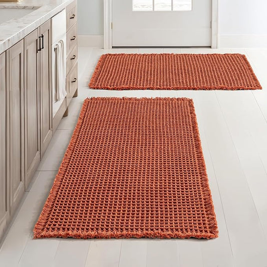 MIULEE Orange Set of 2 Waffle Bathroom Rugs, Boho Bath Rugs Non Slip Washable, Super Absorbent Bath Mats, Ultra Soft Rubber Backed Shower Mats for Bathroom Floor, Tub and Shower, Fall Decor 18x30 Inch