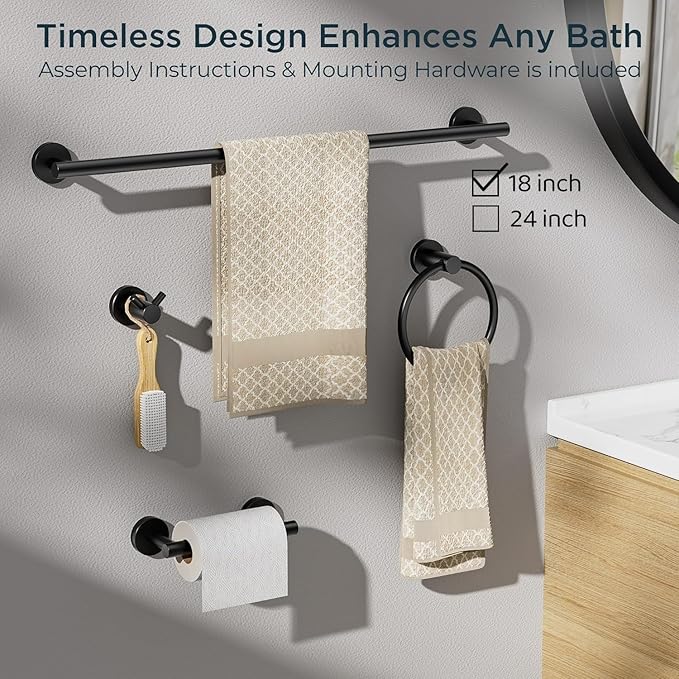 FORIOUS Bathroom Hardware Accessories Set, SUS304 Stainless Steel Towel Bar Set, Modern Towel Racks Holder for Bathroom, Toilet Paper Holder Wall Mounted 4 Pieces(18" Bar, Matte Black)