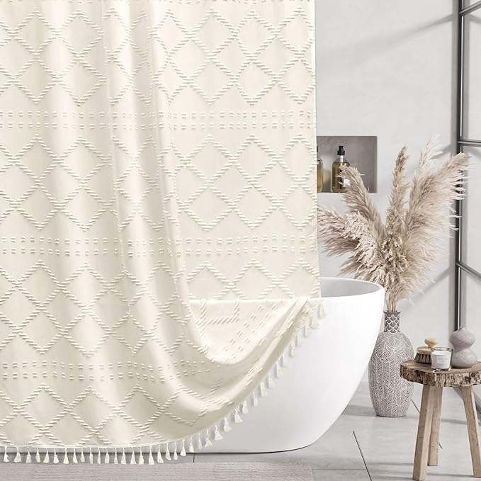 Extra Long Cream Boho Shower Curtain Woven Fabric Cute 90 Inch Shower Curtain, 72 x 90 Tufted Chevron Textured Striped Modern Farmhouse Minimalist Cloth Shower Curtain for Bathroom