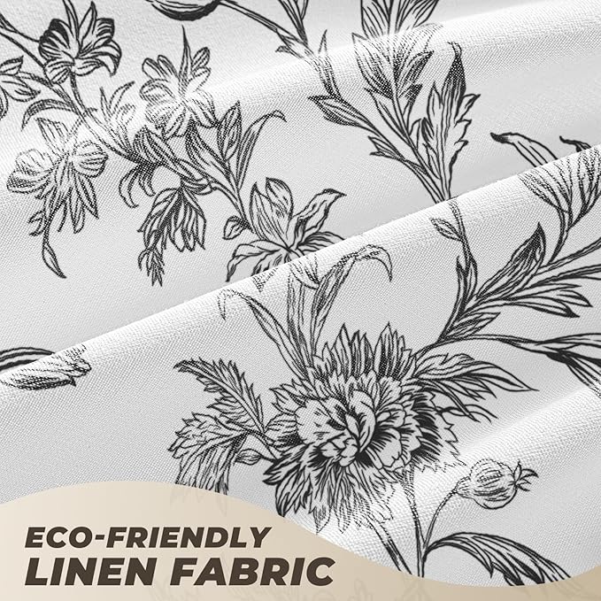 Black Floral Shower Curtain, Cotton Linen Cottagecore Shower Curtains for Bathroom