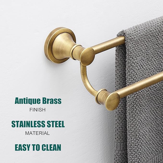 Hoimpro Adjustable Retractable 15-27 Inches Stainless Steel Bathroom Towel Bar, Bathroom Accessories Bath Hotel Double Towel Bar Rod Hanger Wall Mounted Towel Holder Towel Rack, Antique Brass