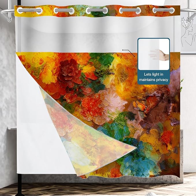 Shrahala Colorful Abstract Paint No Hooks Shower Curtain with Snap in Liner Set, Multicolor Modern Artist Bathroom Décor Polyester Fiber Waterproof for Stall Bathtubs 71 X 74 in