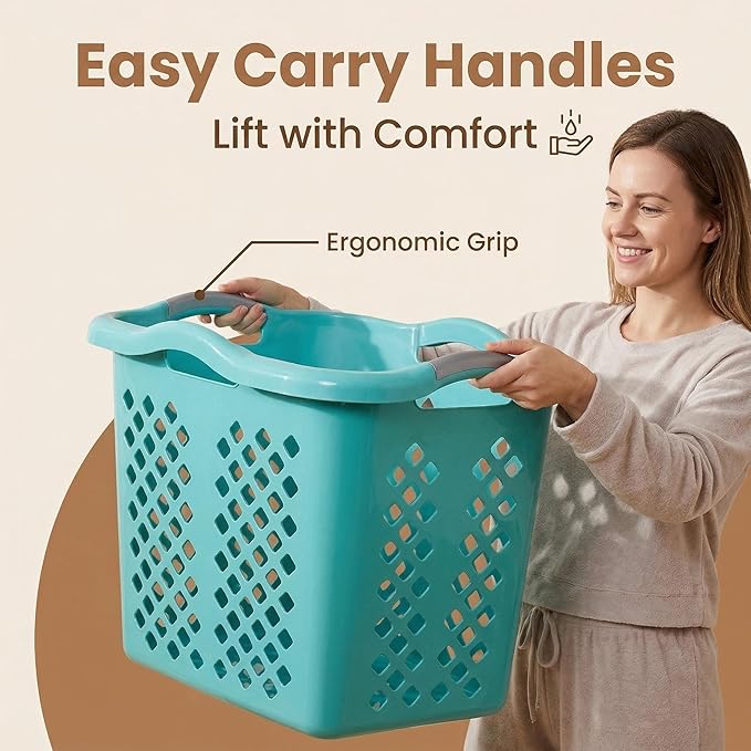 (2-Pack) 2 Bushel Plastic Laundry Baskets with Handles, Featuring Ventilation Design. Suitable for Laundry and Storage. Applicable to Bedrooms, Bathrooms, Dormitories. Convenient to carry. (‎Blue)