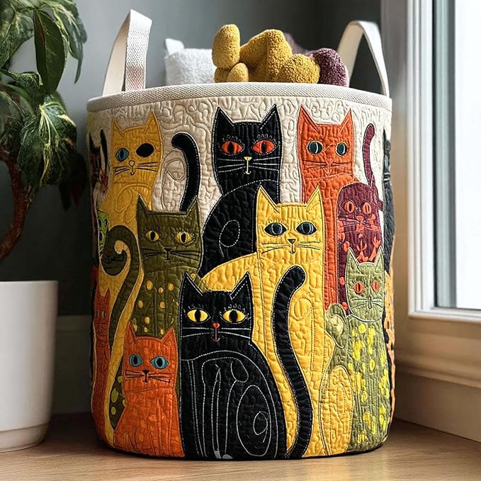 Cute Cat Quilted Laundry Basket with Handles, Boho Floral Fabric Quilted Laundry Basket, Large Soft Collapsible Storage Hamper for Nursery, Bedroom, Bathroom, Clothes & Toy Organization (#01)