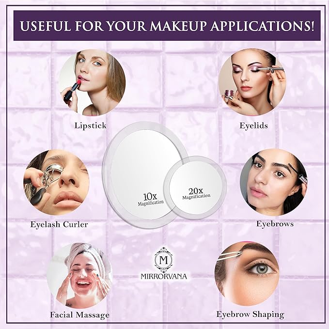 MIRRORVANA 20X & 10X Magnifying Mirror Set with 3 Suction Cups Each - Compact & Travel Ready Mirror for Makeup - Sizes: 6" and 4" Wide