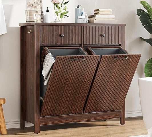 Airynee Double Tilt-Out Laundry Hamper Cabinet with 2 Drawers, 20 Gallon Fluted Trash Can Cabinet with Laundry Basket, Hidden Wood Garbage Can Bin Cabinets for Bathroom & Kitchen, Brown