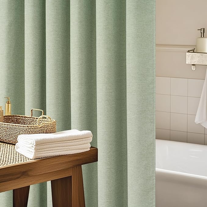 Sage Green Farmhouse Fabric Shower Curtain, 72 x 84 Inch Extra Long Natural Faux Linen Textured Shower Curtain Washable, Water-Resistant Country Rustic Thick Bathroom Curtain Ultra-Durable