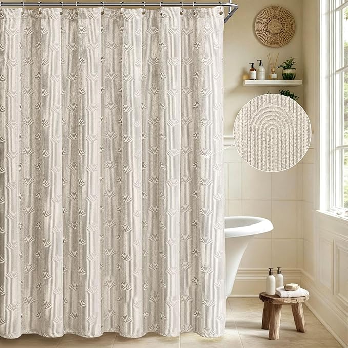Boho Shower Curtain Cotton Texture Mid Century Minimalist Arch Shower Curtain for Bathroom, Greige,72" W X 78" L