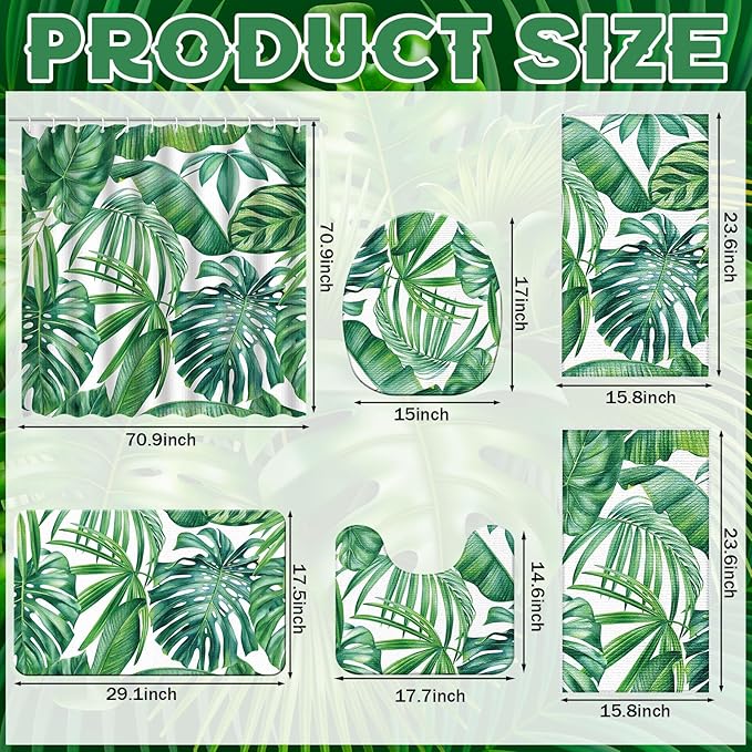 Nuanchu 6 Pcs Tropical Leaves Shower Curtain Set with Rug Green Palm Botanical Banana Monstera Leaf Bathroom Sets with Shower Curtain Bath Mat U Shaped Mat Toilet Lid Cover 2 Bath Towels and 12 Hooks