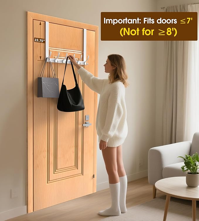 Long Over The Door Hooks Hanger with 15.75" Arms for Easier Access by Shorter, Heavy Duty Door Hanger for Coat, F16U, Fits Standard 1 3/8'' Doors, Towel Racks for Bathroom, White